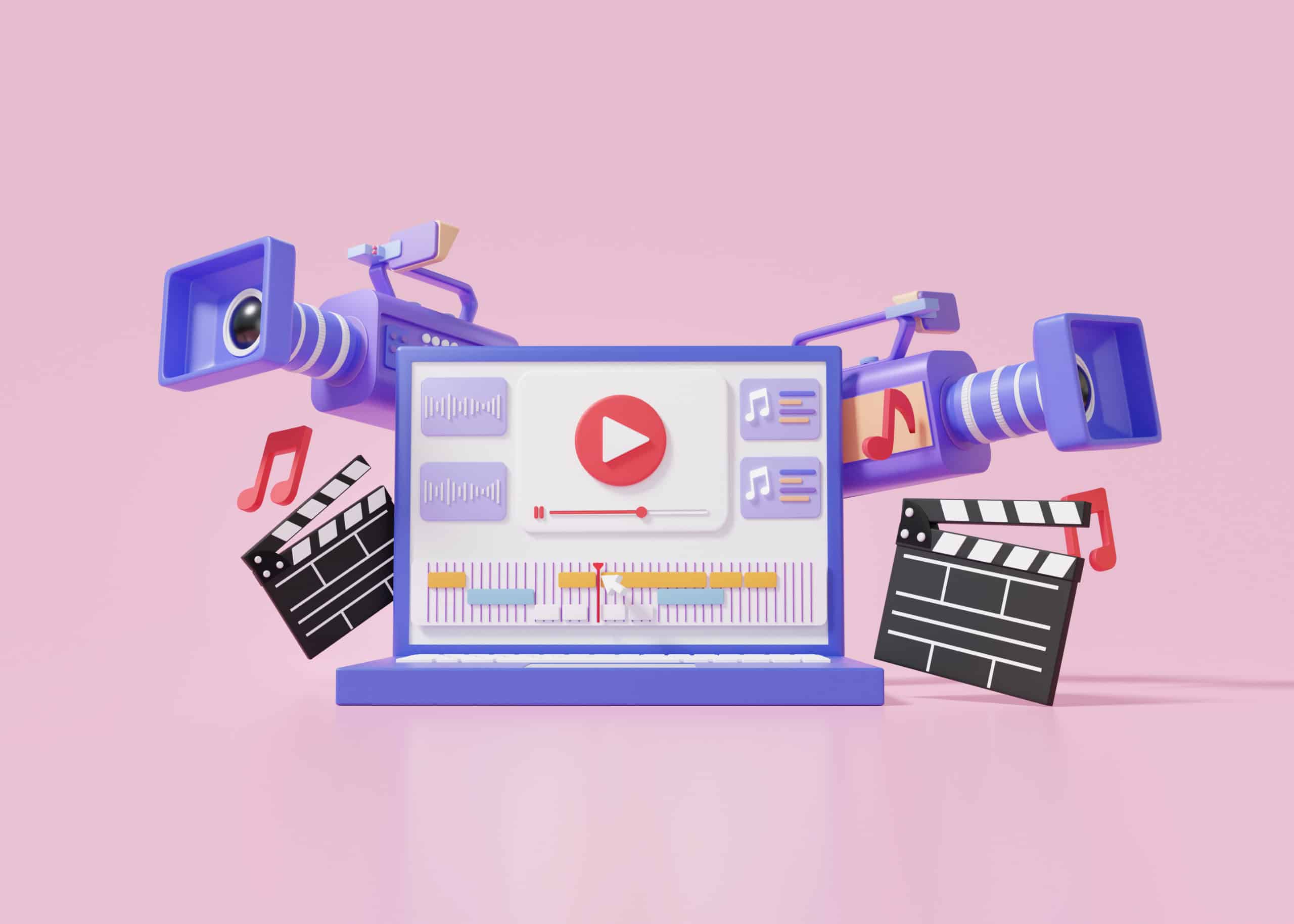 laptop-mockup-movie-camera-video-editing-cuts-footage-sound-music-via-computer-cartoon-cute-smooth-pink-background-motion-vlog-movie-clapper-board-3d-render-illustration